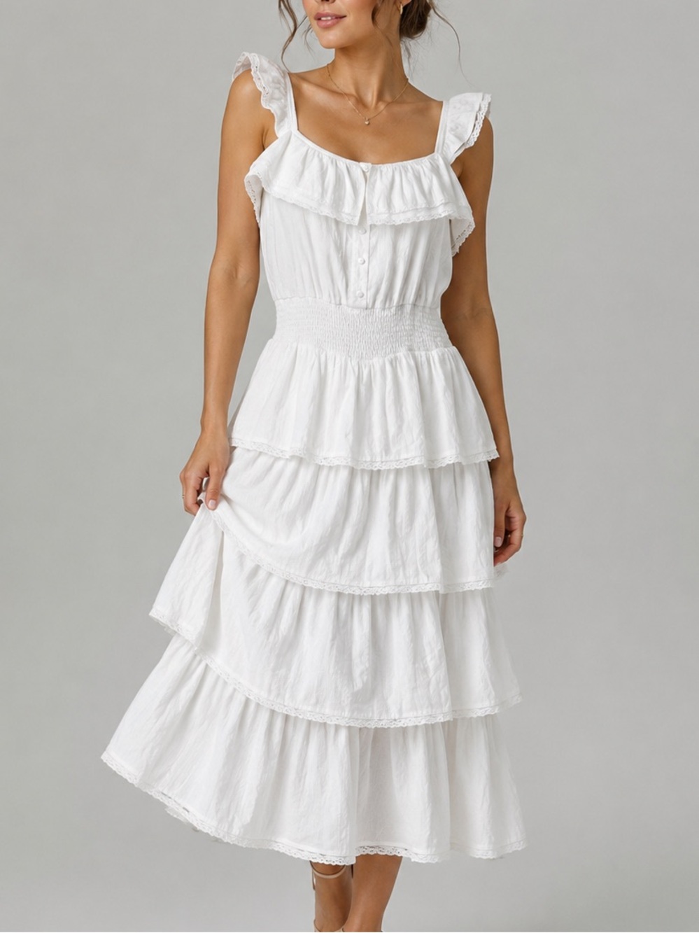 🆕🥥 Fanco Romantic White Ruffle Tiered Midi BohoStyle Sundress Size L